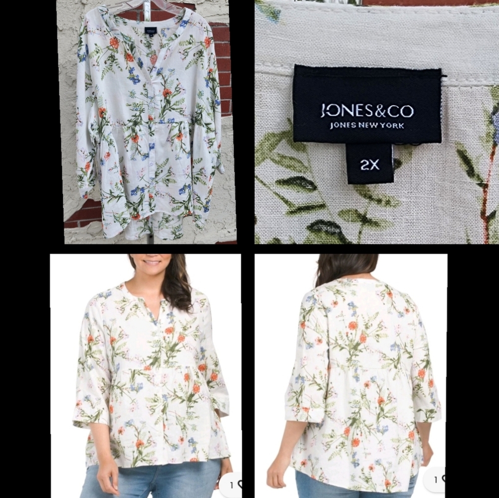 2X women Jones New York Linen Rayon floral button 3/4 sleeve button shirt